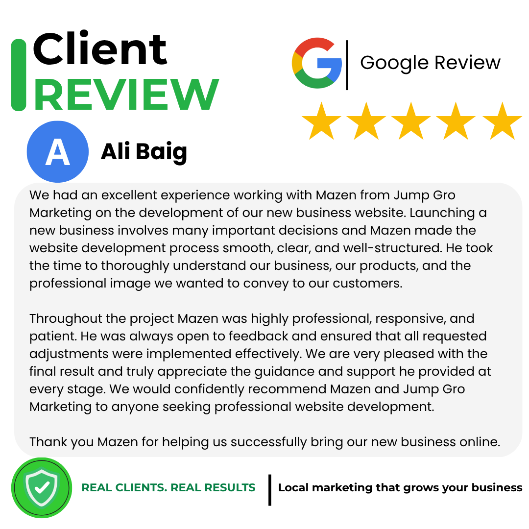 Google review from Ali Baig about Jump Gro Marketing